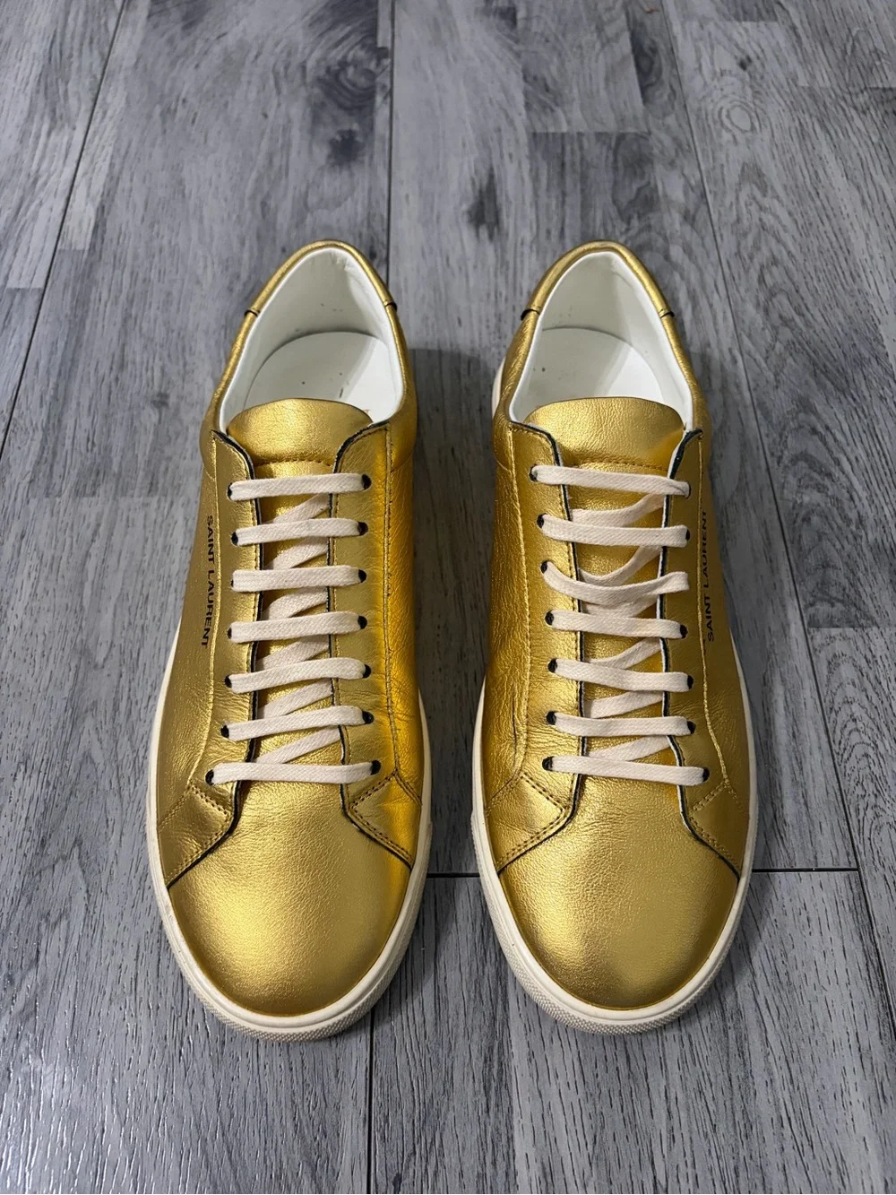 Saint Laurent Andy Metallic Gold Low-Top Sneakers with White Laces